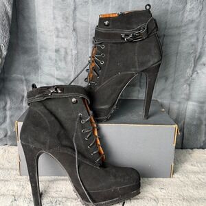 Aldo Black Suede Platform Stiletto Ankle Boots Lace Up Buckle Lug Sole Womens 9